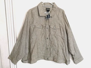 Jones New York Womens Trucker Jacket 3X Plus 100% Linen Green Button Up Pockets - Picture 1 of 4