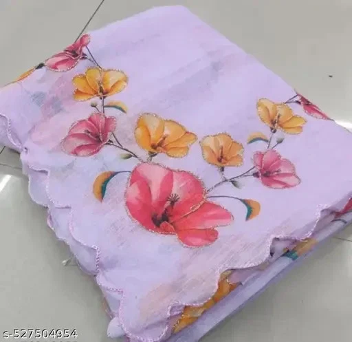 Mujer Lino Algodón Estampado Digital con Trabajo a Mano,Corte Trabajo Sari Foto 1 de 1