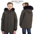 Brave Soul Boys Kids Padded Parka Jacket Fur Hood Zip Up Warm Outerwear 7-13 Yrs