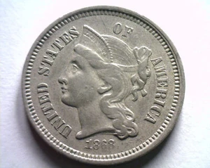 1868 THREE CENT NICKEL EXTRA FINE / ABOUT UNCIRCULATED XF / AU NICE ORIGINAL - Picture 1 of 2