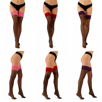 Women Sheer Hold Ups Floral Red Pink Violet Lace Top Stockings 20 Den XS-2XL - Image 1 of 2