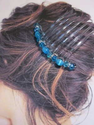 Peine de pelo grande de cristal austriaco ojo de gato simulado color turquesa Foto 1 de 4