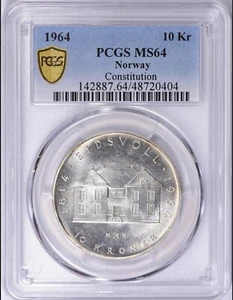 1964 Norway 10 Kroner silver PCGS MS64 constitution Coin Slight Rim Toning - Picture 1 of 4