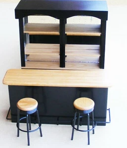 Dolls House 4 Piece Black Bar Set 1:12 Scale Miniature With Metal Stools Tumdee - Picture 1 of 10