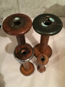 ANTIQUE WOOD YARN SPOOLS SET OF 4 PREVIOUS USE AS CANDLE HOLDER - Picture 1 of 9