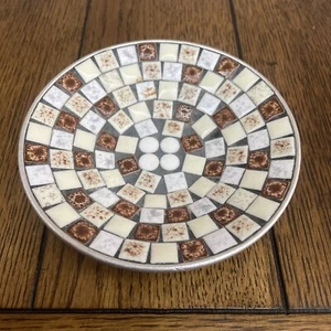 Vintage Tile Mosaic Small Shallow Metal Decorative Plate Brown Tan White - Picture 1 of 7