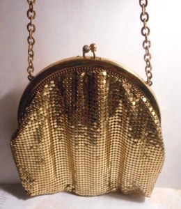 Whiting & Davis gold tone metallic mesh purse/bag, snap closure,lined,from 40"s  - Picture 1 of 7