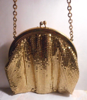 Whiting & Davis gold tone metallic mesh purse/bag, snap closure,lined,from 40"s  - Image 1 of 4