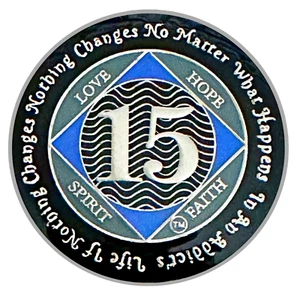 NA 15 Year Medallion, Silver, Blue Color, Epoxy Plated Narcotics Anonymous Coin - Picture 1 of 2