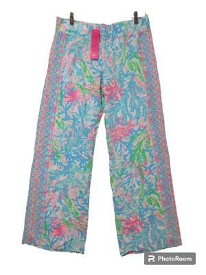 RARE PATTERN! Sz L NWT $128 Lilly Pulitzer Bal Harbour Palazzo Pants Coral Bay - Image 1 of 4