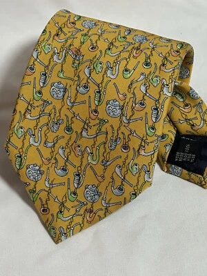 Corbata de seda Battistoni amarilla pipas para fumar estampado por todas partes Italia 60”x 3,5” Foto 1 de 4