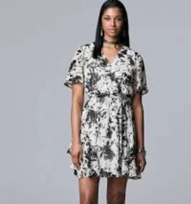 Vestido Simply Vera Vera Wang para mujer talla XL gris blanco negro floral con volantes cuello en V Foto 1 de 4