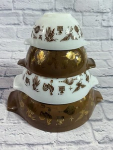 Vtg Pyrex 4 Mixing Bowl Early American Eagle Gold Brown Nesting Federal Style - Picture 1 of 8