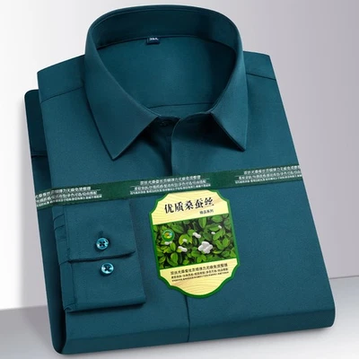 Camisas de vestir para hombre mangas largas formales negocios sin hierro mezcla de seda camisas informales Foto 1 de 4