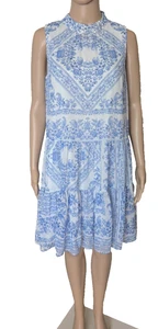 Calvin Klein Blue White Paisley Print Tiered Tie Mock Neck Shift Dress Size 8 - Picture 1 of 6