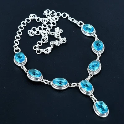 Swiss Blue Topaz Gemstone 925 Sterling Silver Jewelry Necklace Size-17-18" - Image 1 of 3