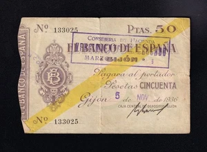 F.C. 50 PESETAS BANCO DE GIJÓN 1936 , MBC- . - Picture 1 of 2
