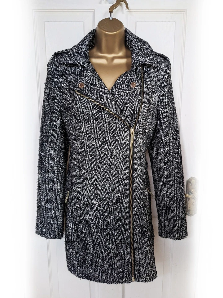 LIPSY Black & White Mottled Wool Blend Asymmetric Zip Coat, size 12 - VGC - Image 1 of 4
