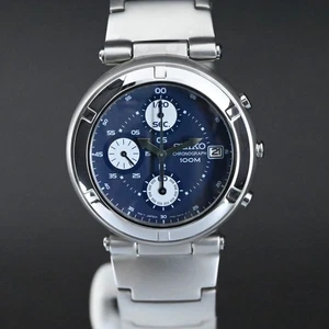 SEIKO 7T92-0BC0 VINTAGE CHRONO QUARTZ BLUE DIAL 36 MM (NOS & ORIGINAL & FULL) - Picture 1 of 14