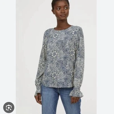 H&M X MORRIS & Co 蓝色花卉印花长袖粘纤农民衬衫上衣,尺寸 6 — 第 1/4 张图片
