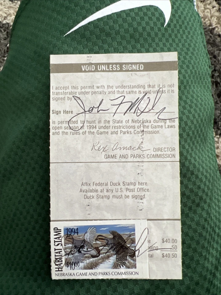 1994 Nebraska State Habitat Stamp on Hunting License - Image 1 of 1