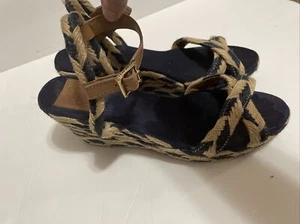 TORY BURCH "Camilla" marineblaue und hellbraune Espadrille-Keilabsatz-Sandalen Größe 10M - Bild 1 von 6