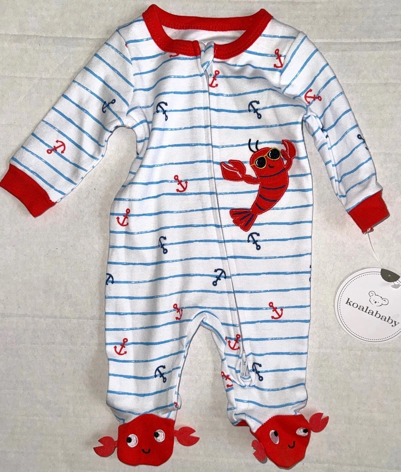 KOALA BABY sleeper white/red/blue/stripes/ocean LOBSTER motif size NEWBORN - Image 1 of 1