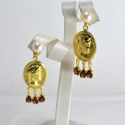 ORECCHINI ARGENTO 925 DORATI PERLE D'ACQUA DOLCE  GOCCE GRANATO       AGHT 0950 - Immagine 1 di 3