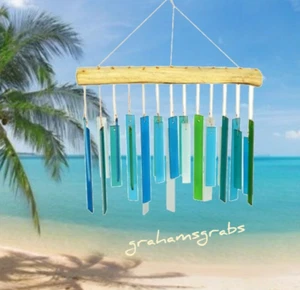 HANDCUT SEA GLASS & DRIFTWOOD WIND CHIME SANDBLASTED GEBLUEG166 UNIQUE FREE SHIP - Picture 1 of 2