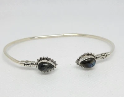 Labradorite Cuff Bracelet 925 Sterling Silver 2 Stones 7.5 inches Adjustable - Image 1 of 4