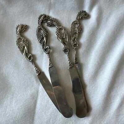 3 Italian Cavier Butter Cheese Spreader Dragon Open Work Brass/ Sterling Silver - Image 1 of 2