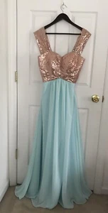 NEU Gold Rouge Pailletten-Aqua transparentes Kleid Größe 8/10  - Bild 1 von 4