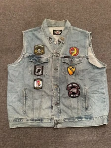 Harley Davidson Vest Mens 2XL Blue Denim Embroidered Logo Motorcycle Biker - Picture 1 of 9