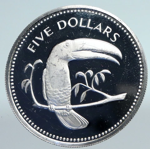 1974 BELIZE Avifauna Toucan BIRD Antique VINTAGE OLD Proof Silver $5 Coin i89775 Cover