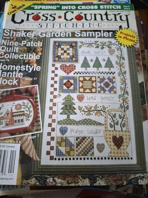  Cross Stitch Country magazine April 2003 Shaker Garden Sampler, Mantle Clock - Image 1 of 4