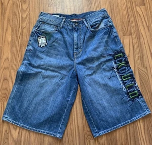 Vintage Y2k Ecko Unltd Baggy Fit Jean Shorts Size 34 Men Blue Denim Embroidered - Picture 1 of 6