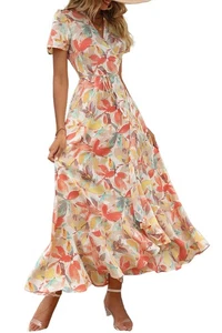 Women's Summer Wrap Maxi Dress Casual Boho Floral V Neck Short Sleeve Ruffle ... - Picture 1 of 8