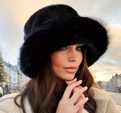 Sombrero de piel sintética negro para mujer - estilo vintage invierno Foto 1 de 4