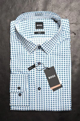 HUGO BOSS Hombre Hank Kent Ajustado Azul/Blanco Algodón Elástico Camisa 38 15 - Imagen 1 de 4