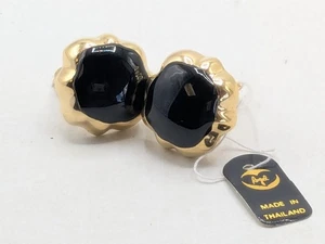 Vintage Gold Tone Black Cabochon Clip-On Earrings NOS - Picture 1 of 13