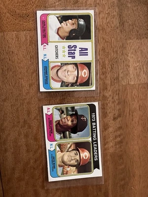 1974 Topps All Star Catchers Johnny Bench, Carlton Fisk #331 con los mejores líderes de BA Foto 1 de 2