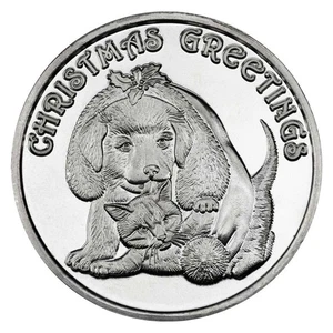 Ronda de plata fina .999 perro/gato de saludo de Navidad Troy de 1 oz - Imagen 1 de 2