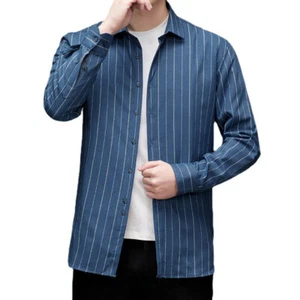 Men Duck Down Shirt Striped Striped Winter Warm Thermal Top Blouse Slim Fashion - Picture 1 of 8