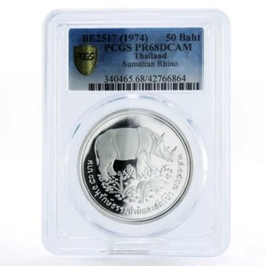 Thailand 50 baht Wildlife Conservation Rhinoceros PR68 PCGS silver coin 1974 - Picture 1 of 2