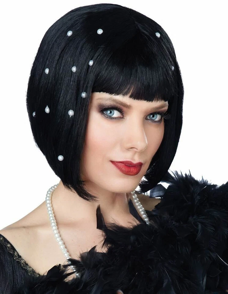 Peluca Negra Stick On Pearls Flapper Bob Roaring Años 20 Gatsby Swing Time Charleston Foto 1 de 1