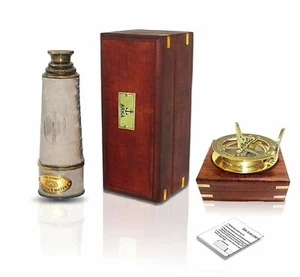 Marine Brass Leather Telescope Wood Box With Antique Sundial Compass Wooden Box - Picture 1 of 6