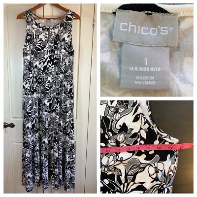 Chicos 1 Maxi Dress Womens Medium Black White Tropical Floral Striped Sleeveless - Image 1 of 4
