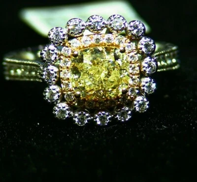 Anillo de compromiso de diamantes amarillos corte cojín natural oro 18K de 1,98 quilates decoración vintage Foto 1 de 4