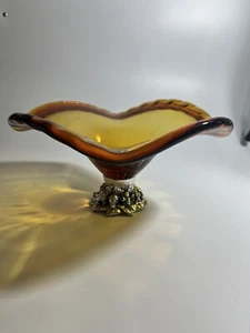 Ciotola piedistallo di Murano vintage arte gialla ambra centrotavola soffiato a mano - Foto 1 di 12