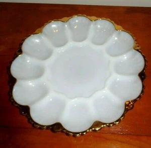 VG Deviled Egg Anchor Hocking White Milk Glass  Plate Dish w/ Gold Trim  - Picture 1 of 3